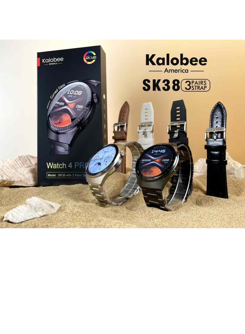ساعة ذكية SK 38 شاشة AMOLED مع 3 أشرطة وسوار إضافي وشحن لاسلكي متعددة الألوان