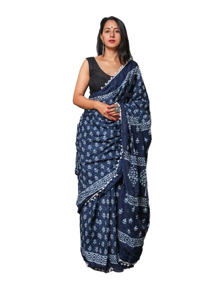 Mulmul Cotton Saree For Women's And Girls Printed Blue And White Colour Saree With Blouse Piece Traditional Ethnic Indian Wear For All Occasions Saree BY CRAFT MUSIUM  - Image 1