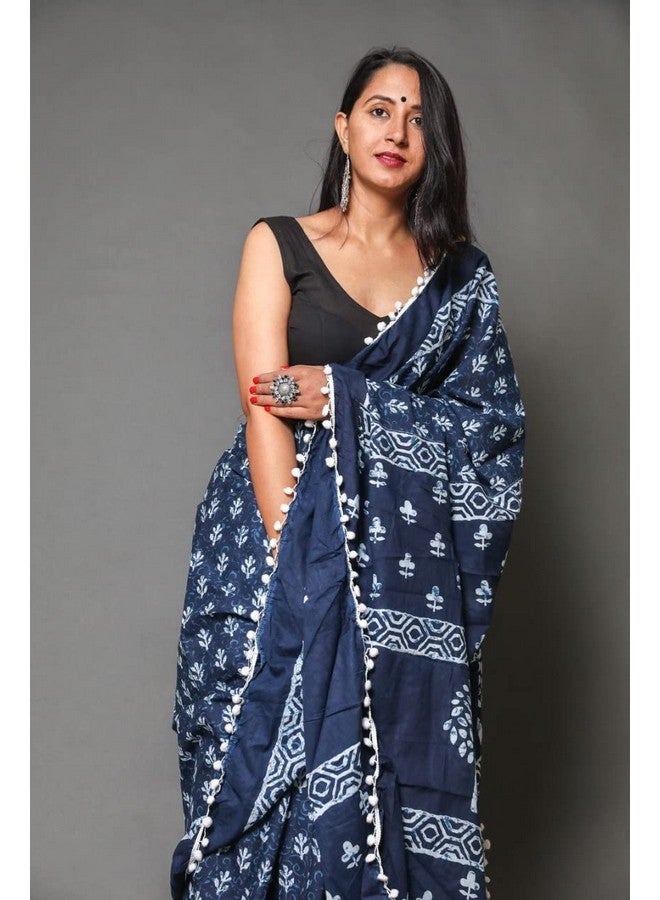 Mulmul Cotton Saree For Women's And Girls Printed Blue And White Colour Saree With Blouse Piece Traditional Ethnic Indian Wear For All Occasions Saree BY CRAFT MUSIUM  - Image 5
