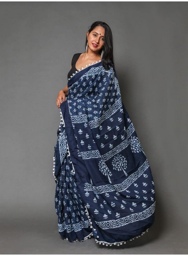 Mulmul Cotton Saree For Women's And Girls Printed Blue And White Colour Saree With Blouse Piece Traditional Ethnic Indian Wear For All Occasions Saree BY CRAFT MUSIUM  - Image 3