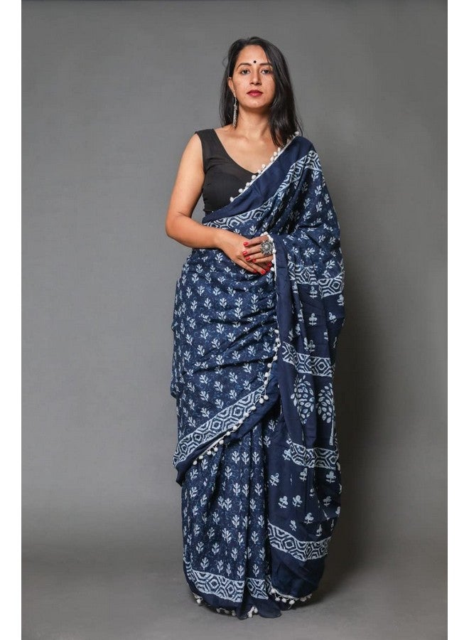 Mulmul Cotton Saree For Women's And Girls Printed Blue And White Colour Saree With Blouse Piece Traditional Ethnic Indian Wear For All Occasions Saree BY CRAFT MUSIUM  - Image 2