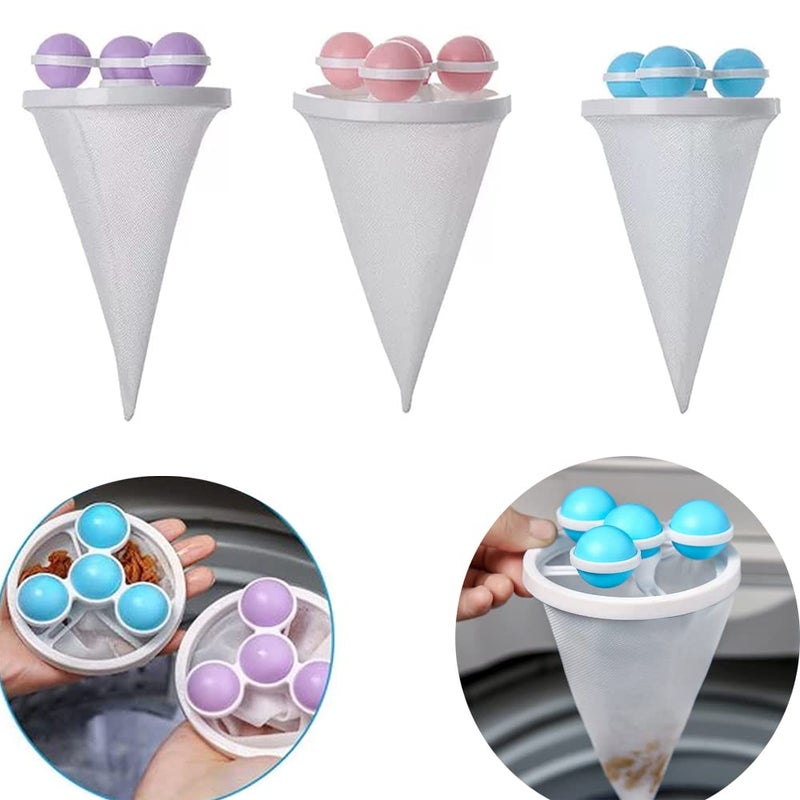 Voxmix Laundry Ball Floating Pet Fur Lint Hair Catcher Household Reusable Washing Machine Floating Lint Mesh Bag Hair Filter Net Pouch Washing Lint Hair Remover NetMesh Bag Dryer 3 PCS Multicolor - Image 1