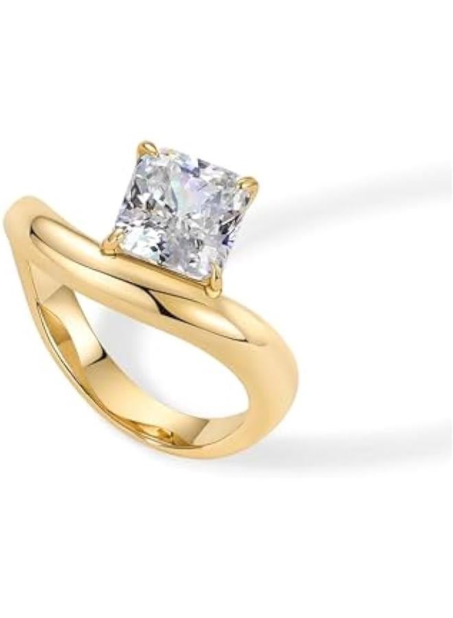 PAVOI 14K Gold Plated Premium Cubic Zirconia Square Solitaire Engagement Ring for Women - Unique Wavy Promise and Fake Wedding Ring - Image 3