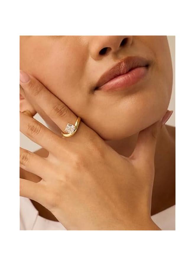 PAVOI 14K Gold Plated Premium Cubic Zirconia Square Solitaire Engagement Ring for Women - Unique Wavy Promise and Fake Wedding Ring - Image 2
