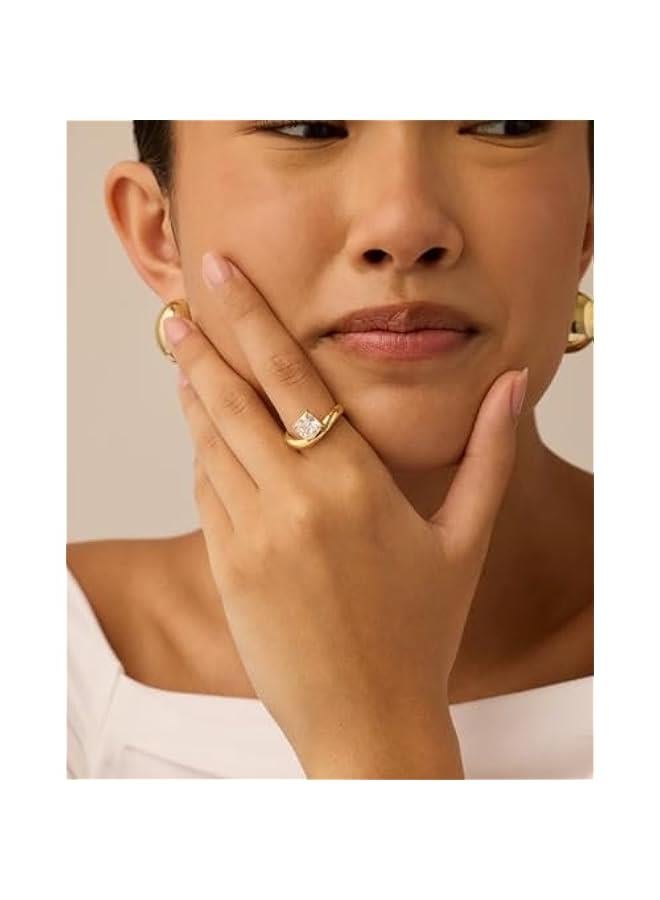 PAVOI 14K Gold Plated Premium Cubic Zirconia Square Solitaire Engagement Ring for Women - Unique Wavy Promise and Fake Wedding Ring - Image 4