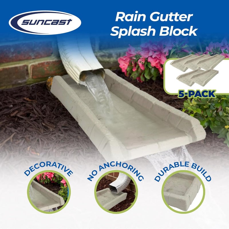 suncast Durable Plastic Anti Erosion Decorative Rain Gutter Downspout Splash Block for Garden, Front Yard, or Back Yard, Pack of 5, Taupe - Image 2