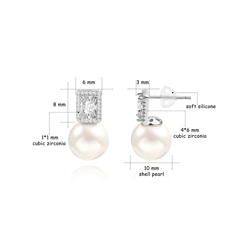 PEARLADA Silver Cubic Zirconia Halo Stud Earrings, Trendy Shell Pearl Earrings for Women, Emerald Cut Diamond Earrings, Dainty Wedding Jewelry - Image 4