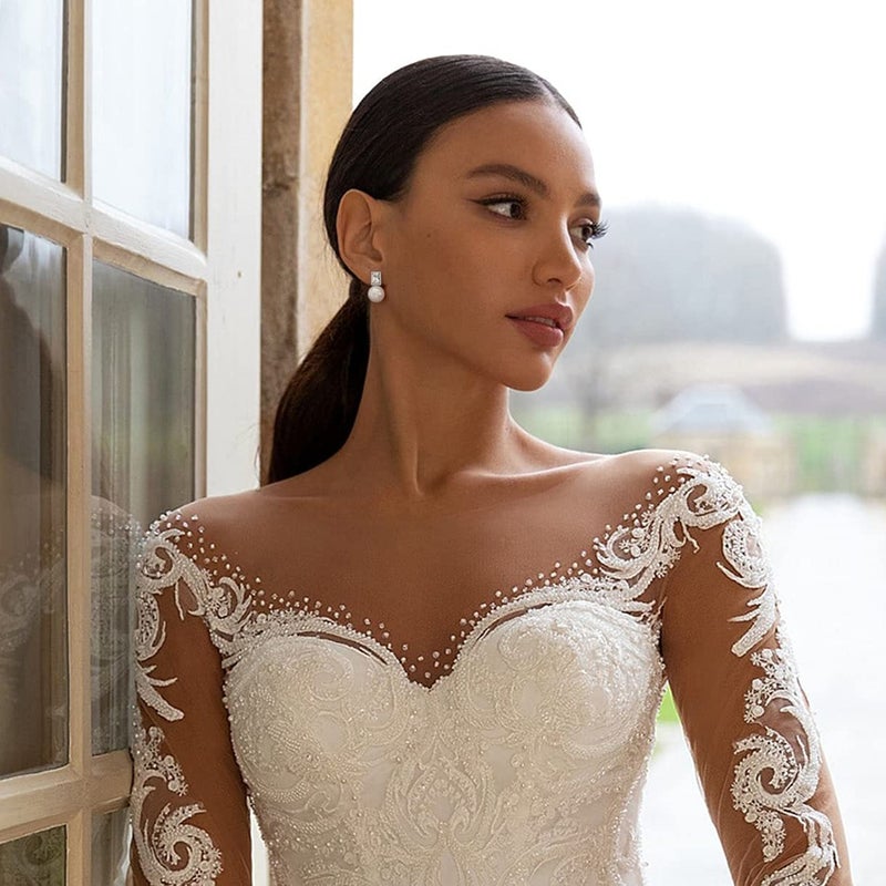 PEARLADA Silver Cubic Zirconia Halo Stud Earrings, Trendy Shell Pearl Earrings for Women, Emerald Cut Diamond Earrings, Dainty Wedding Jewelry - Image 3