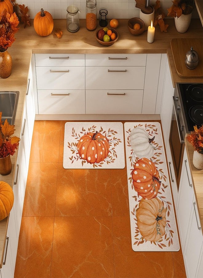 Siilues Fall Kitchen Mats Set of 2, Non-Slip Fall Pumpkin Kitchen Rugs for Floor Seasonal Autumn Thanksgiving Home Decor Low-Profile - 17x29 and 17x47 Inch - Image 2