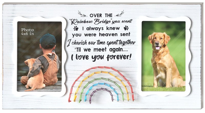EXQUIDECA Dog Memorial Double Picture Frames 4x6 Inches - Pets Passing Away Sympathy Gift - Bereavement Remembrance Photo Frame with Rainbow Bridge and Quotes - Image 1