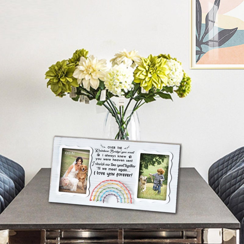 EXQUIDECA Dog Memorial Double Picture Frames 4x6 Inches - Pets Passing Away Sympathy Gift - Bereavement Remembrance Photo Frame with Rainbow Bridge and Quotes - Image 2