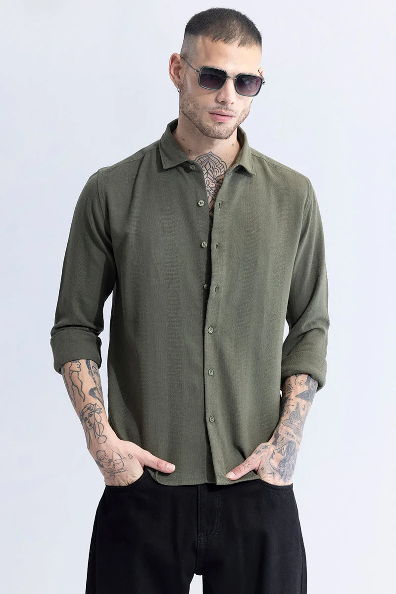 SNITCH Olive Striped Long Sleeve Slim Fit Casual Shirt