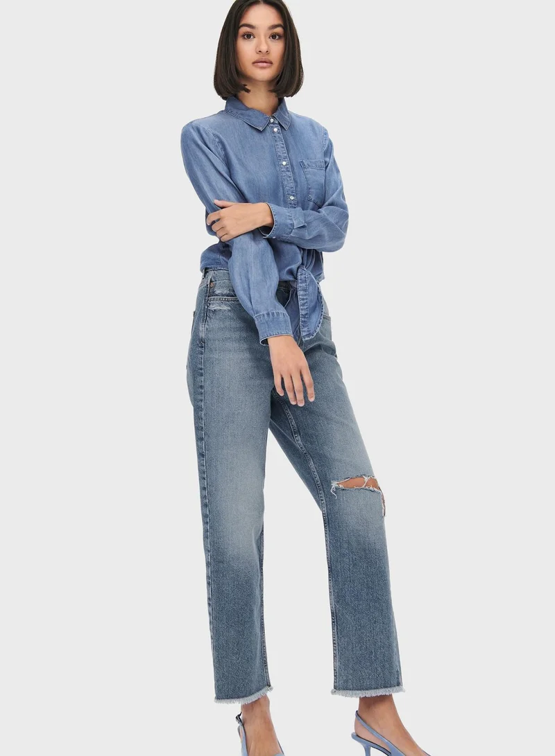 Jacqueline de Yong Knot Pocket Detail Denim Shirt