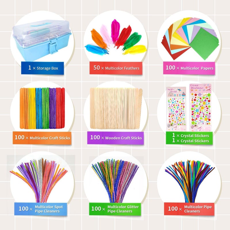 kortes Jumbo Art and Craft Supplies for Kids, Toddler DIY Craft Art Supply Set Included Pipe Cleaners, Pom Poms, Feather, Folding Storage Box - All in One for Craft DIY Art Supplies, Light Blue - Image 2
