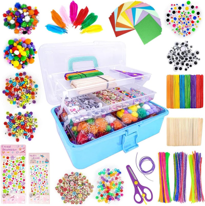 kortes Jumbo Art and Craft Supplies for Kids, Toddler DIY Craft Art Supply Set Included Pipe Cleaners, Pom Poms, Feather, Folding Storage Box - All in One for Craft DIY Art Supplies, Light Blue - Image 1