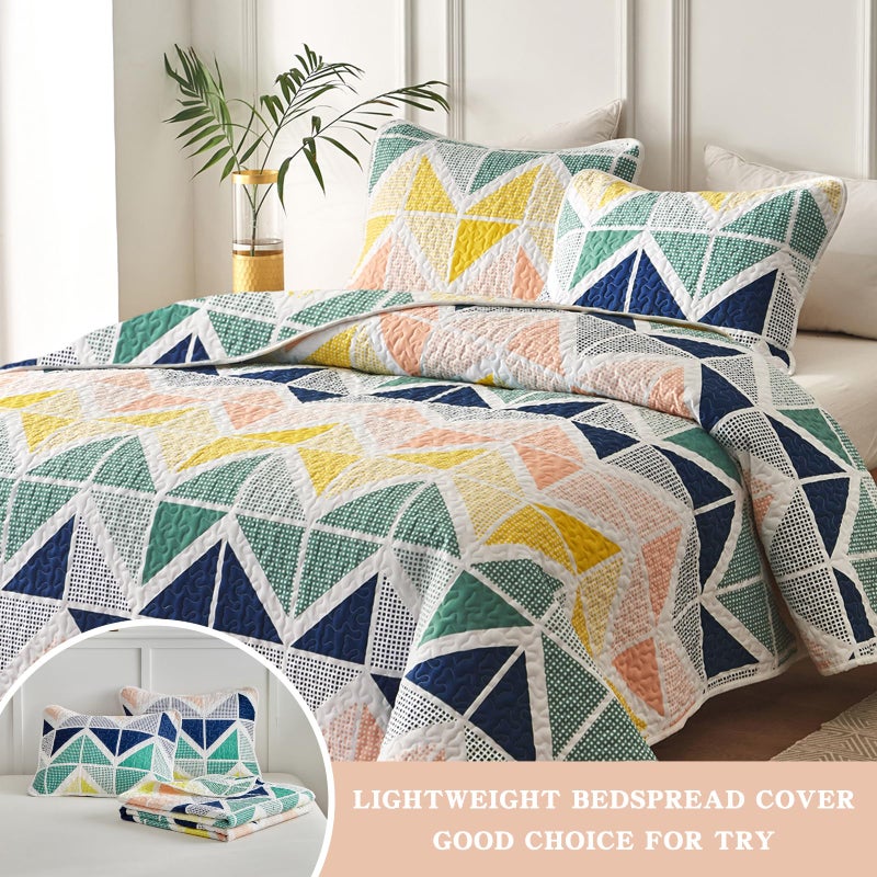 Uozzi Bedding Quilt Set for Summer 3 Piece Reversible Colorful Quilt Set King Size with Navy Green Orange Yellow Cubes Microfiber Lightweight Cool Breathable Bedding Coverlet Set Bedspread for St. Patrick's Day - Image 3