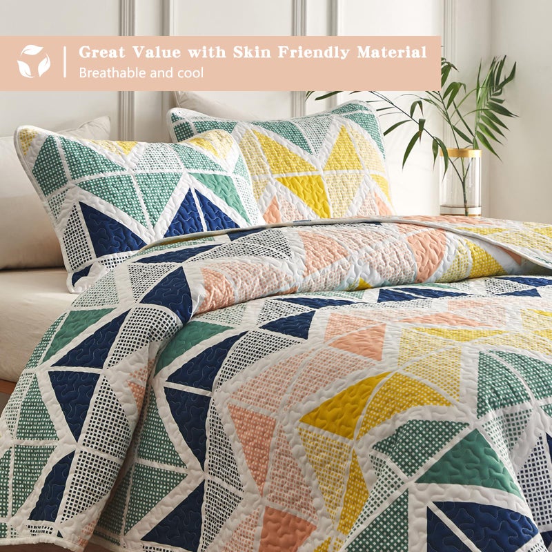 Uozzi Bedding Quilt Set for Summer 3 Piece Reversible Colorful Quilt Set King Size with Navy Green Orange Yellow Cubes Microfiber Lightweight Cool Breathable Bedding Coverlet Set Bedspread for St. Patrick's Day - Image 4