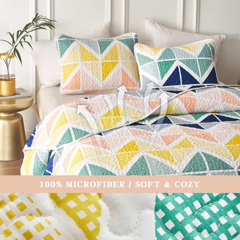 Uozzi Bedding Quilt Set for Summer 3 Piece Reversible Colorful Quilt Set King Size with Navy Green Orange Yellow Cubes Microfiber Lightweight Cool Breathable Bedding Coverlet Set Bedspread for St. Patrick's Day - Image 5