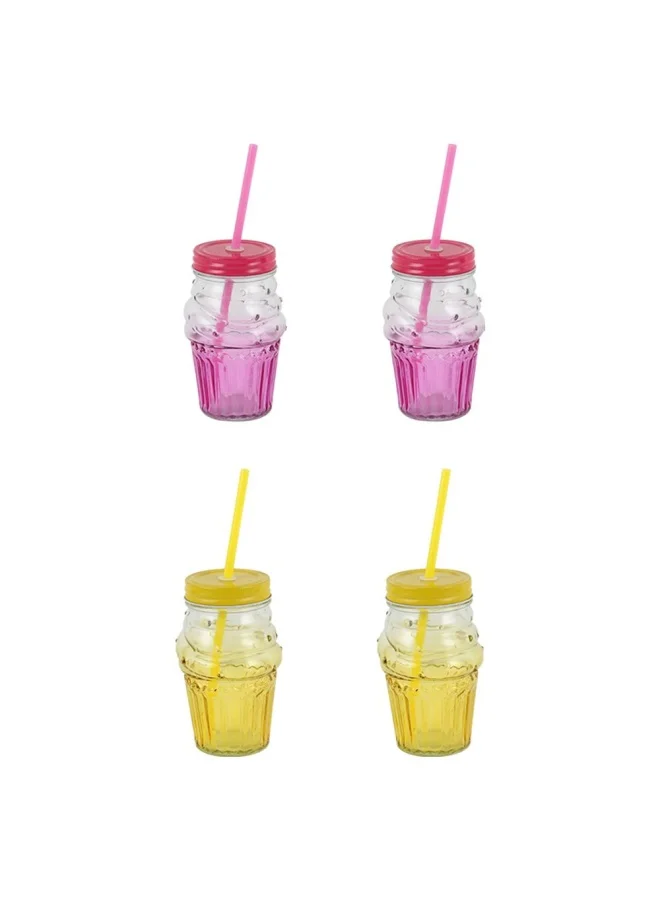 DANUBE HOME Danube Essential 4-Piece Colored Glass Jar Set W/Metal Lid,Straw 490 Ml