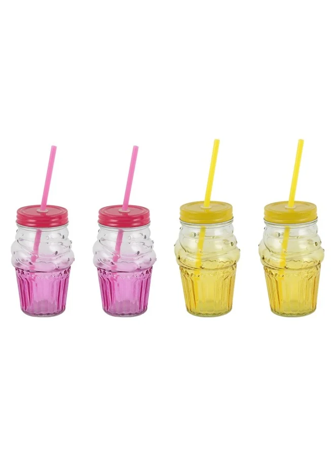 DANUBE HOME Danube Essential 4-Piece Colored Glass Jar Set W/Metal Lid,Straw 490 Ml