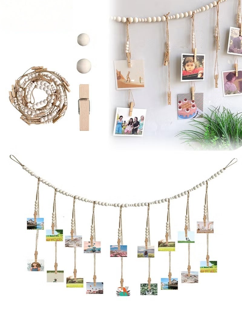 Wall Hanging Picture Organizer, Hanging Photo Display, Boho Wooden Bead Garland Photo with 18 Clips for Dorm, Bedroom, Living Room, Office Cubicle Decor - Image 1