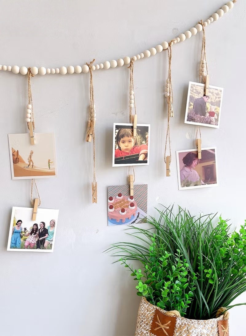 Wall Hanging Picture Organizer, Hanging Photo Display, Boho Wooden Bead Garland Photo with 18 Clips for Dorm, Bedroom, Living Room, Office Cubicle Decor - Image 4