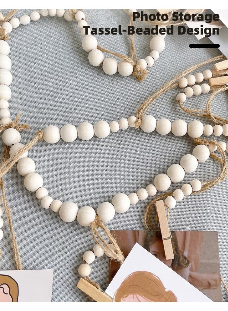 Wall Hanging Picture Organizer, Hanging Photo Display, Boho Wooden Bead Garland Photo with 18 Clips for Dorm, Bedroom, Living Room, Office Cubicle Decor - Image 3