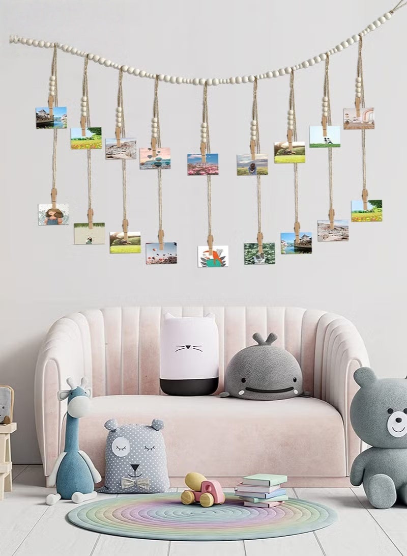 Wall Hanging Picture Organizer, Hanging Photo Display, Boho Wooden Bead Garland Photo with 18 Clips for Dorm, Bedroom, Living Room, Office Cubicle Decor - Image 5