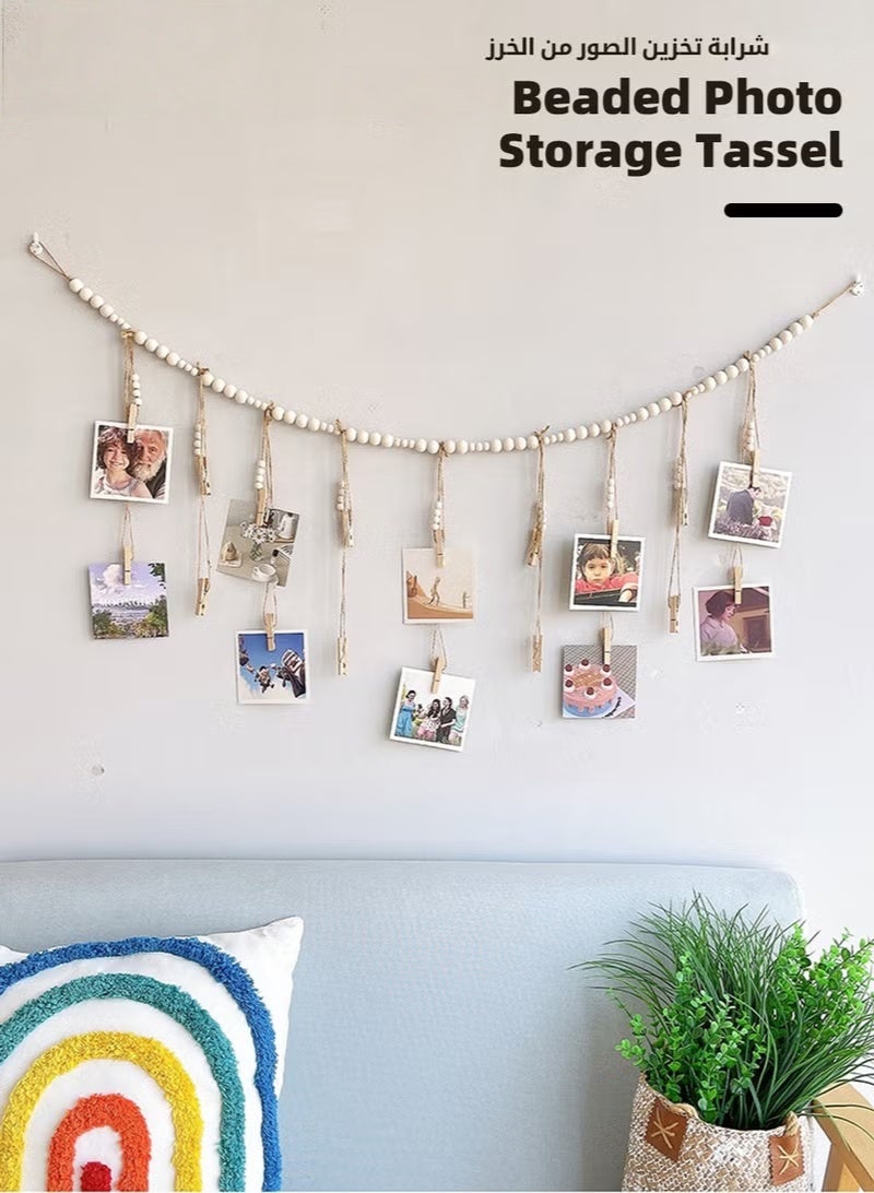 Wall Hanging Picture Organizer, Hanging Photo Display, Boho Wooden Bead Garland Photo with 18 Clips for Dorm, Bedroom, Living Room, Office Cubicle Decor - Image 2