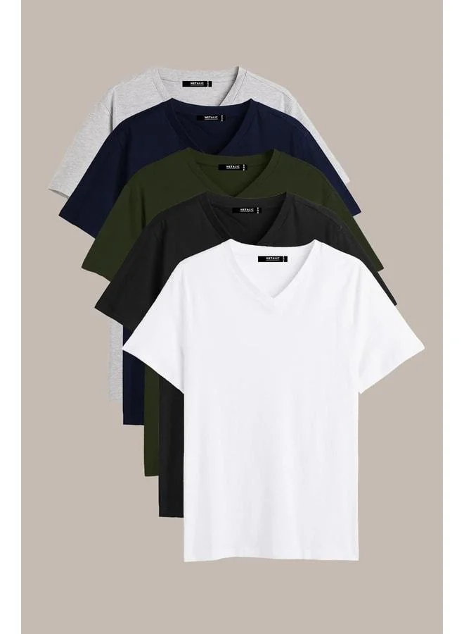 Men's Multicolored 100% Cotton T-Shirt Regular Fit Relaxed Cut V-Neck 5-Piece Basic T-Shirt Pack