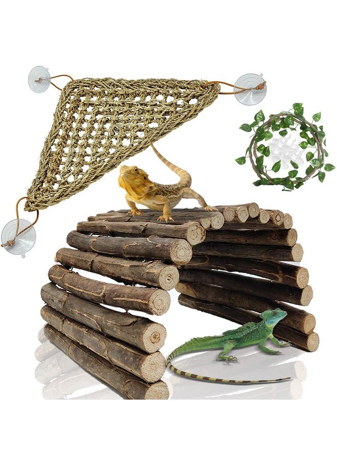 Hamiledyi - Hamiledyi Large Reptile Hideout Wood Bridge Ladder Hiding Hut Bearded Dragon Hammock Lizards Habitat Decor Climbing Accessories Tortoise Hide Cave Toy for Gecko Snake Chameleon Gecko Iguana - Image 1