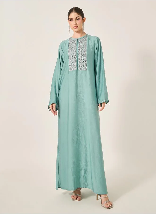 Styli Satin Lace Insert Notch Neck Jalabyia