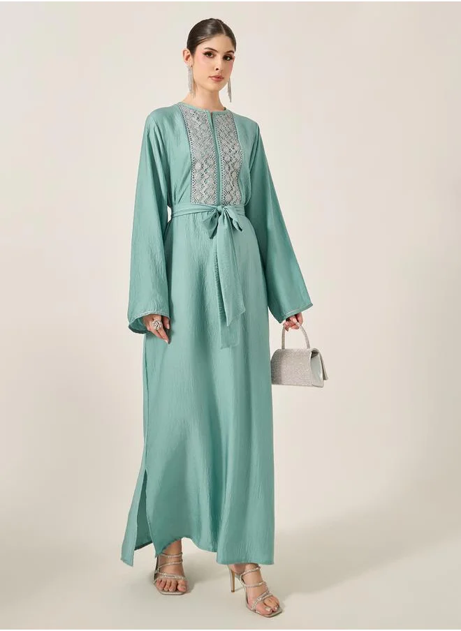 Styli Satin Lace Insert Notch Neck Jalabyia