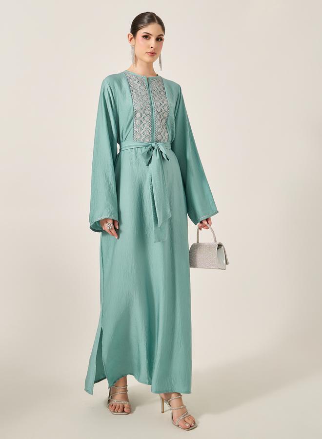 Styli Satin Lace Insert Notch Neck Jalabyia  - Image 1