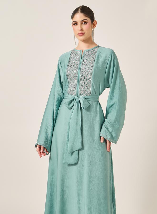 Styli Satin Lace Insert Notch Neck Jalabyia  - Image 3