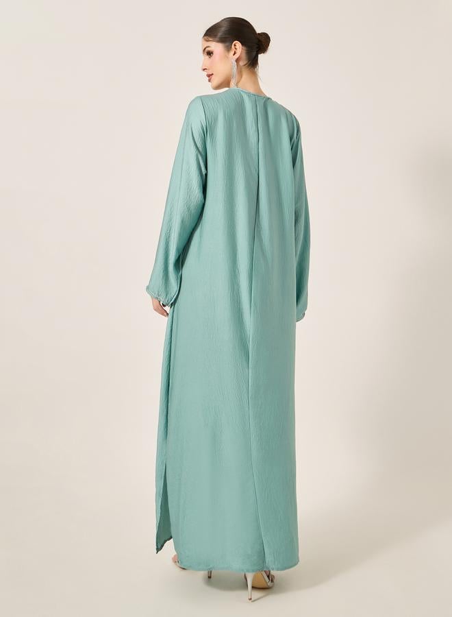 Styli Satin Lace Insert Notch Neck Jalabyia  - Image 5