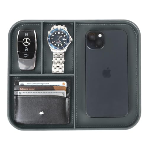V-CUBE Designs Premium Vegan Leather Valet Tray|Stylish & Modern Office Desk Tray| Table/Bedside/Entryway Organiser for everyday essentials like Keys, Phone, Watch, Wallet, Jewellery|Spill-Proof| Grey - Image 1