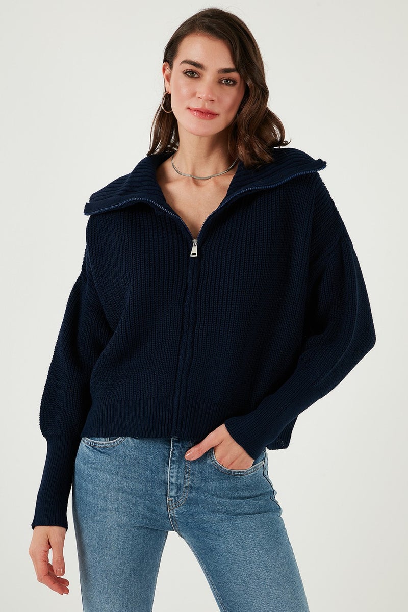 Lela Standard Fit Balloon Sleeve Zippered Selanik Knitted Cardigan Women's Cardigan 4615562 - Image 4