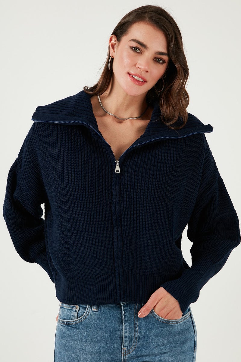 Lela Standard Fit Balloon Sleeve Zippered Selanik Knitted Cardigan Women's Cardigan 4615562 - Image 5