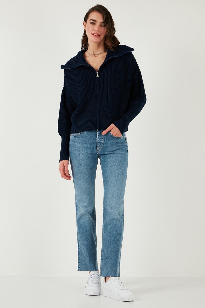 Lela Standard Fit Balloon Sleeve Zippered Selanik Knitted Cardigan Women's Cardigan 4615562 - Image 3
