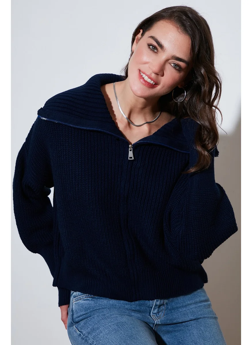 Lela Standard Fit Balloon Sleeve Zippered Selanik Knitted Cardigan Women's Cardigan 4615562