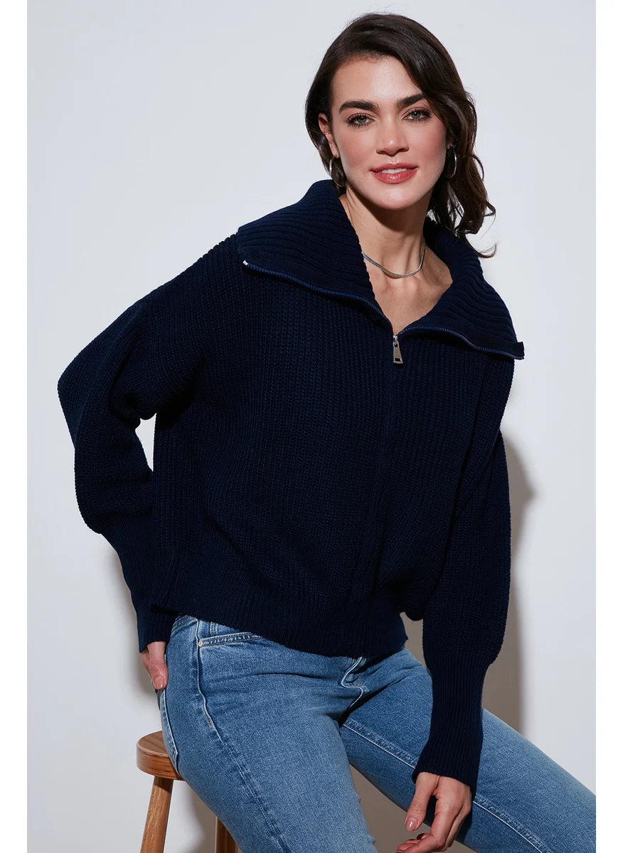 Lela Standard Fit Balloon Sleeve Zippered Selanik Knitted Cardigan Women's Cardigan 4615562