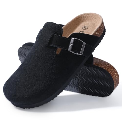 ODOLY Genuine Suede Clogs for Women Men Soft Cork Footbed Leather Mules Comfort Potato Shoes with Arch Support, Black-46 - Image 3