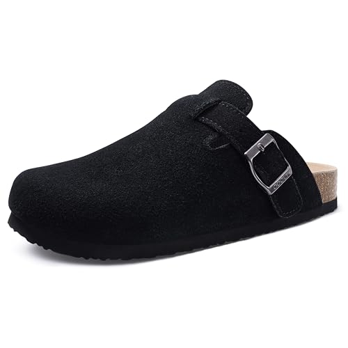 ODOLY Genuine Suede Clogs for Women Men Soft Cork Footbed Leather Mules Comfort Potato Shoes with Arch Support, Black-46 - Image 1