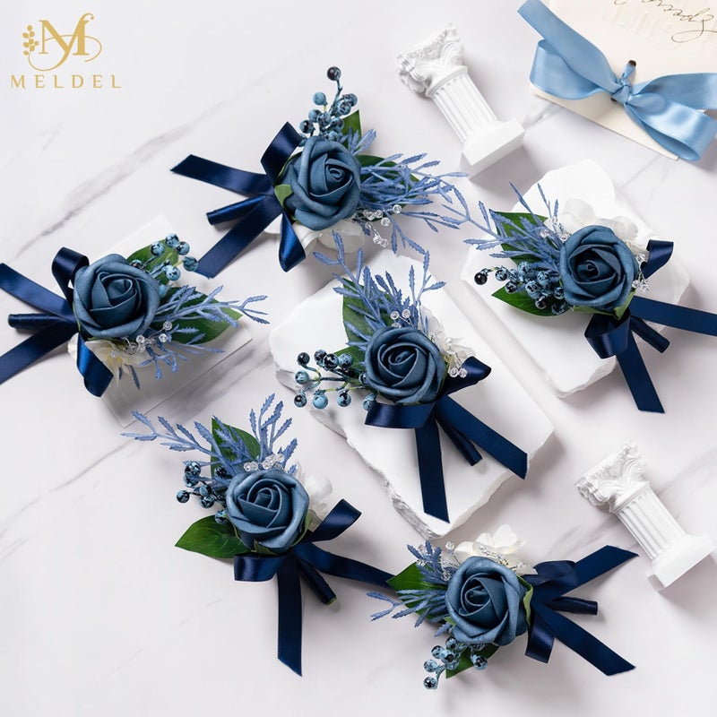 Meldel Blue Boutonniere for Men Wedding, Set of 6, Groom Groomsman Guest Boutonnieres Wedding Decor Artificial Flowers Corsage for Wedding Ceremony Formal Dinner Prom Party Decoration - Image 4