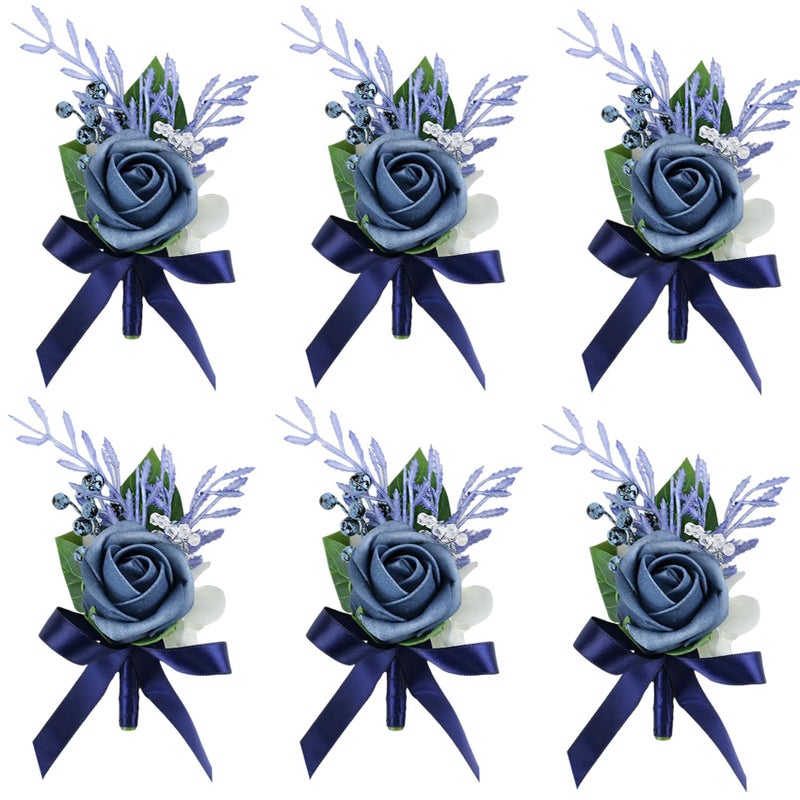 Meldel Blue Boutonniere for Men Wedding, Set of 6, Groom Groomsman Guest Boutonnieres Wedding Decor Artificial Flowers Corsage for Wedding Ceremony Formal Dinner Prom Party Decoration - Image 1