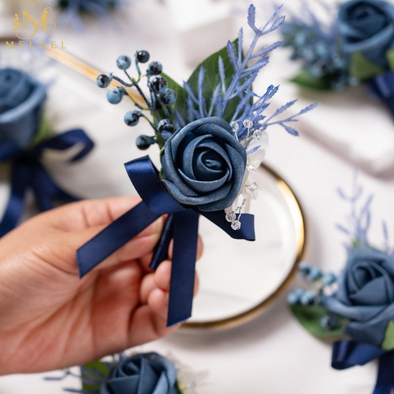 Meldel Blue Boutonniere for Men Wedding, Set of 6, Groom Groomsman Guest Boutonnieres Wedding Decor Artificial Flowers Corsage for Wedding Ceremony Formal Dinner Prom Party Decoration - Image 3