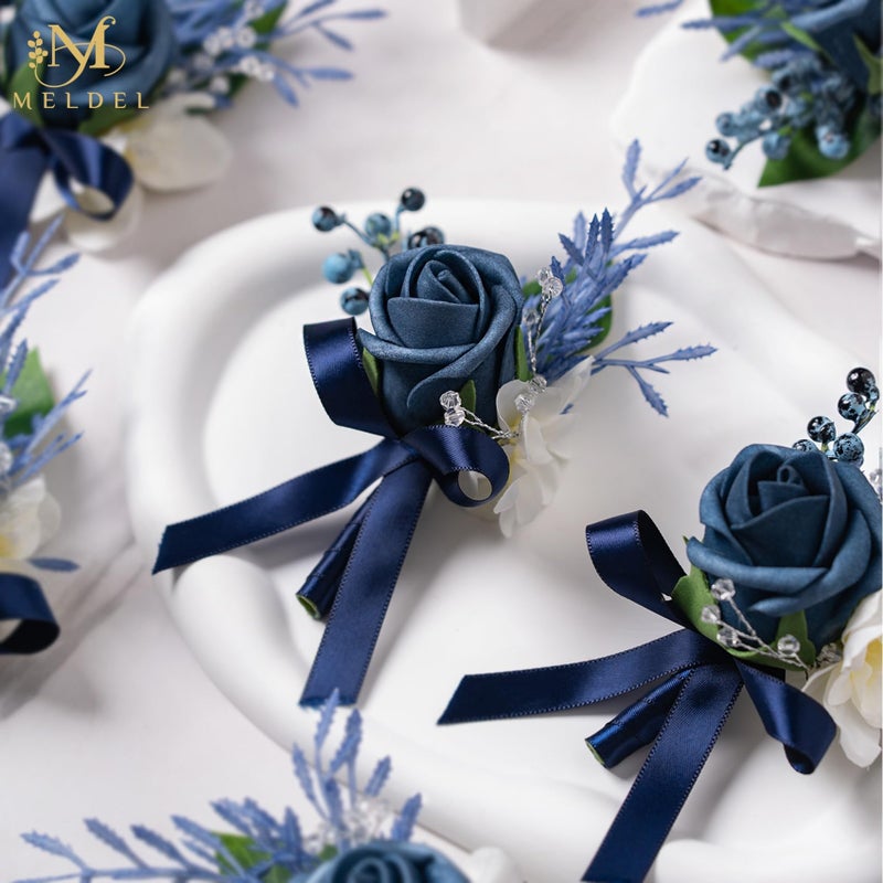 Meldel Blue Boutonniere for Men Wedding, Set of 6, Groom Groomsman Guest Boutonnieres Wedding Decor Artificial Flowers Corsage for Wedding Ceremony Formal Dinner Prom Party Decoration - Image 5