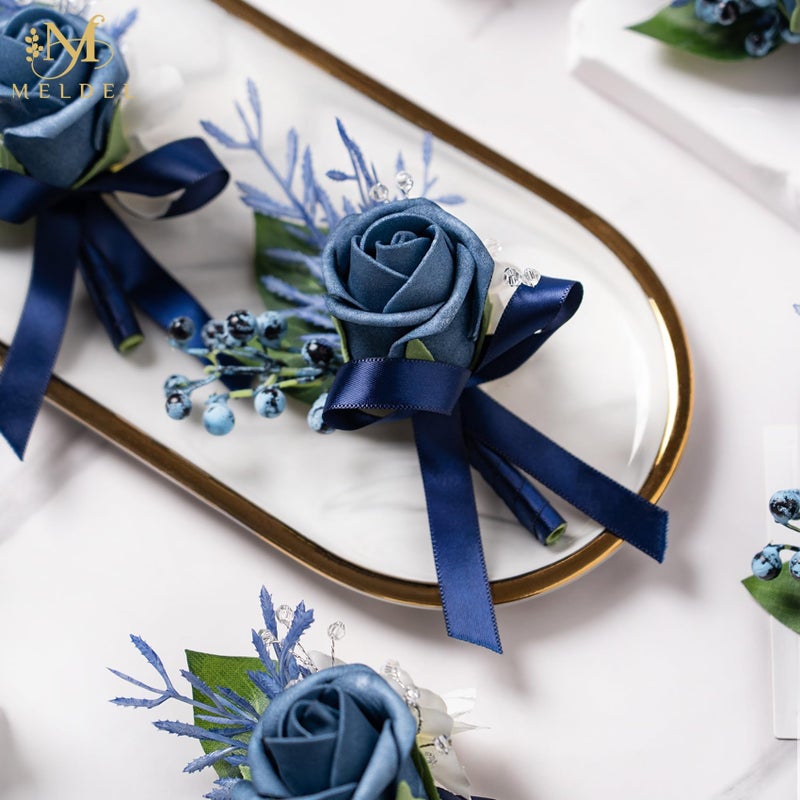 Meldel Blue Boutonniere for Men Wedding, Set of 6, Groom Groomsman Guest Boutonnieres Wedding Decor Artificial Flowers Corsage for Wedding Ceremony Formal Dinner Prom Party Decoration - Image 2