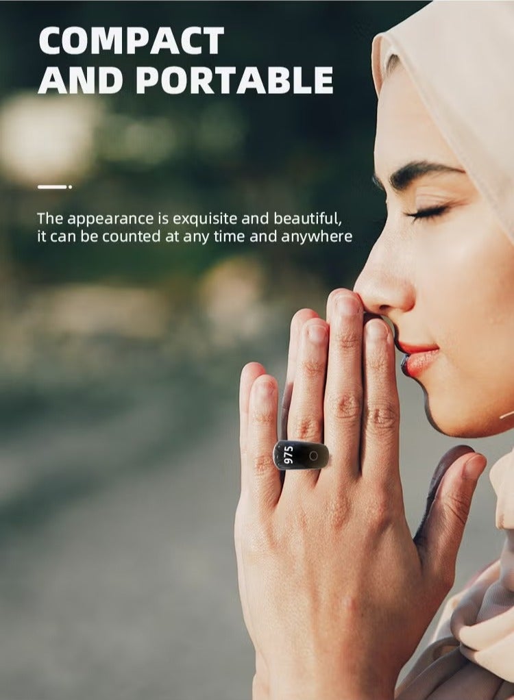 إيكوانتو خاتم الثناء عداد أصابع قابل للتعديل مع دعم التطبيق عداد رقمي خاتم تذكير بالصلاة عداد أصابع ذكر مسلم مكون من 4 أرقام (أسود + أبيض مع 5 أحجام (16/18/20/22/24 مم)) - Image 5